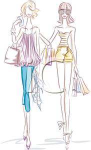 Two Women On A Shopping Spree   Royalty Free Clipart Picture