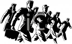 Black And White Cartoon Of A Group Of Office Workers Headed To Work