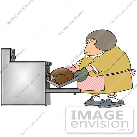 Clip Art Graphic Of A Woman Putting A Thanksgiving Turkey In The Oven