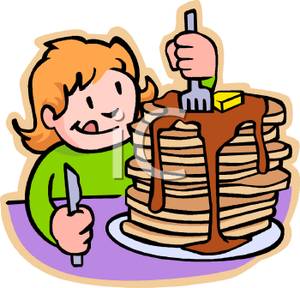 Girl Eating A Stack Of Pancakes For Breakfast   Royalty Free Clipart    