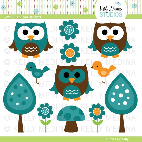Owls   Teal And Brown   Clip Art Set   Digital Elements Commercial Use