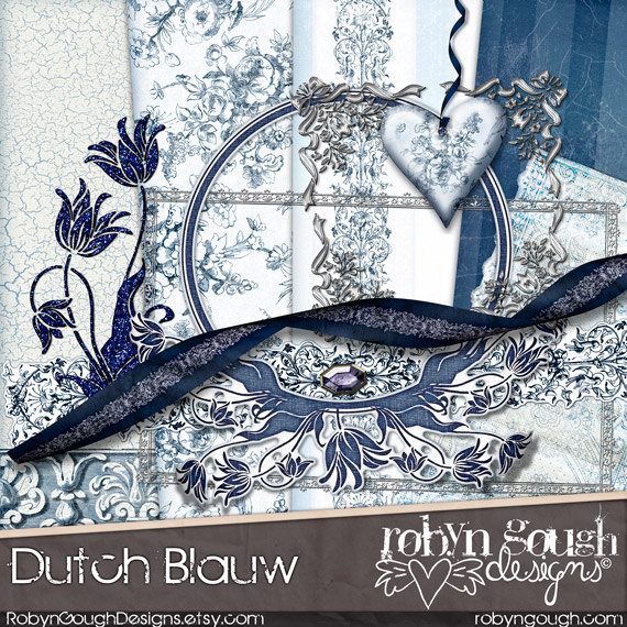 Digital Scrapbook Kit Clipart   Dutch Blue Blauw   Delft Blue Themed