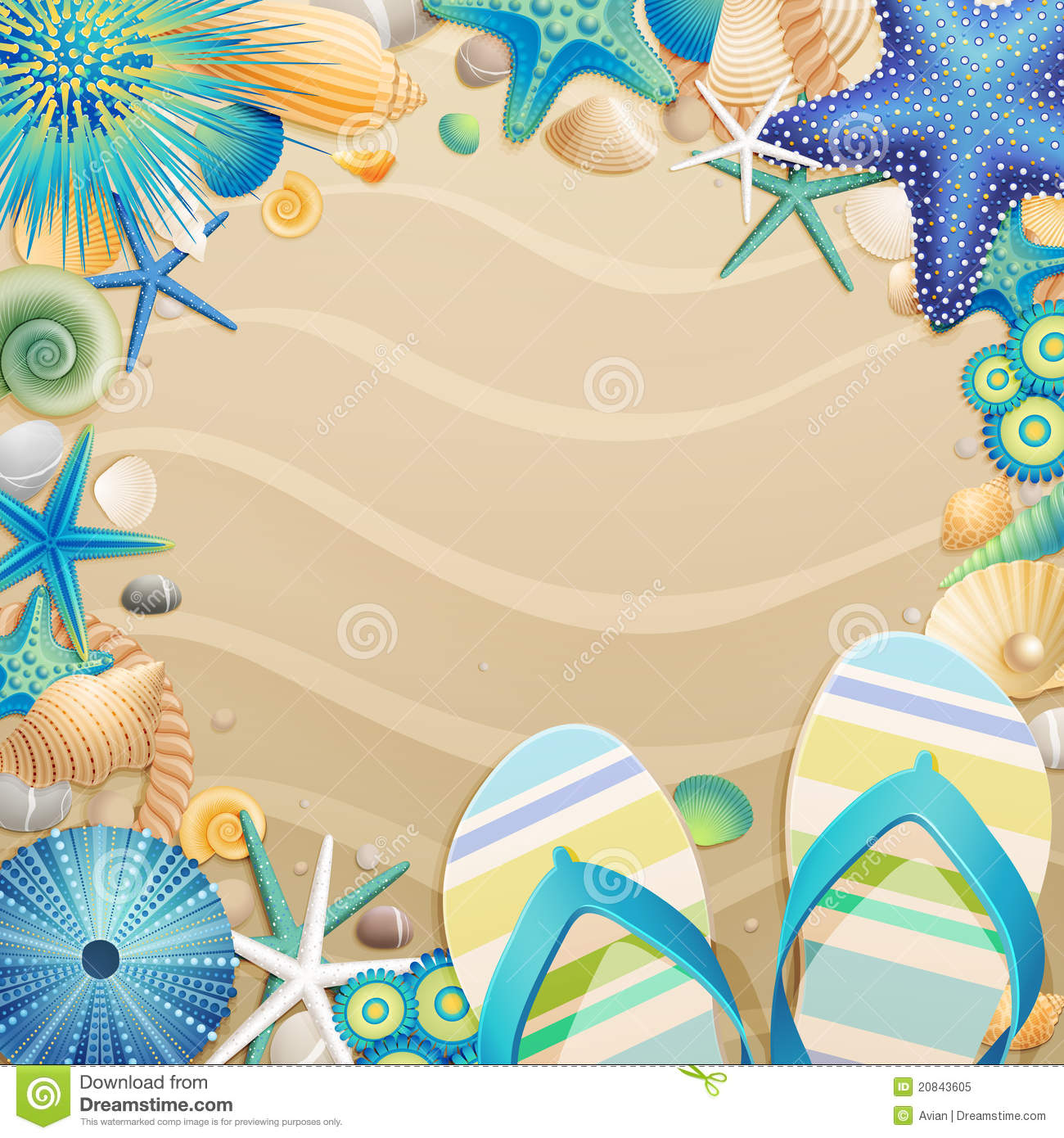 Flip Flops And Shells Frame On The Beach Royalty Free Stock Photo