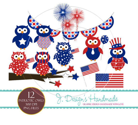 Instant Download   Patriotic Owls Clipart Set  Personal And Commercial