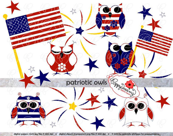 Patriotic Owls Clipart Set  Digital Clip Art Pack  300 Dpi  Red White