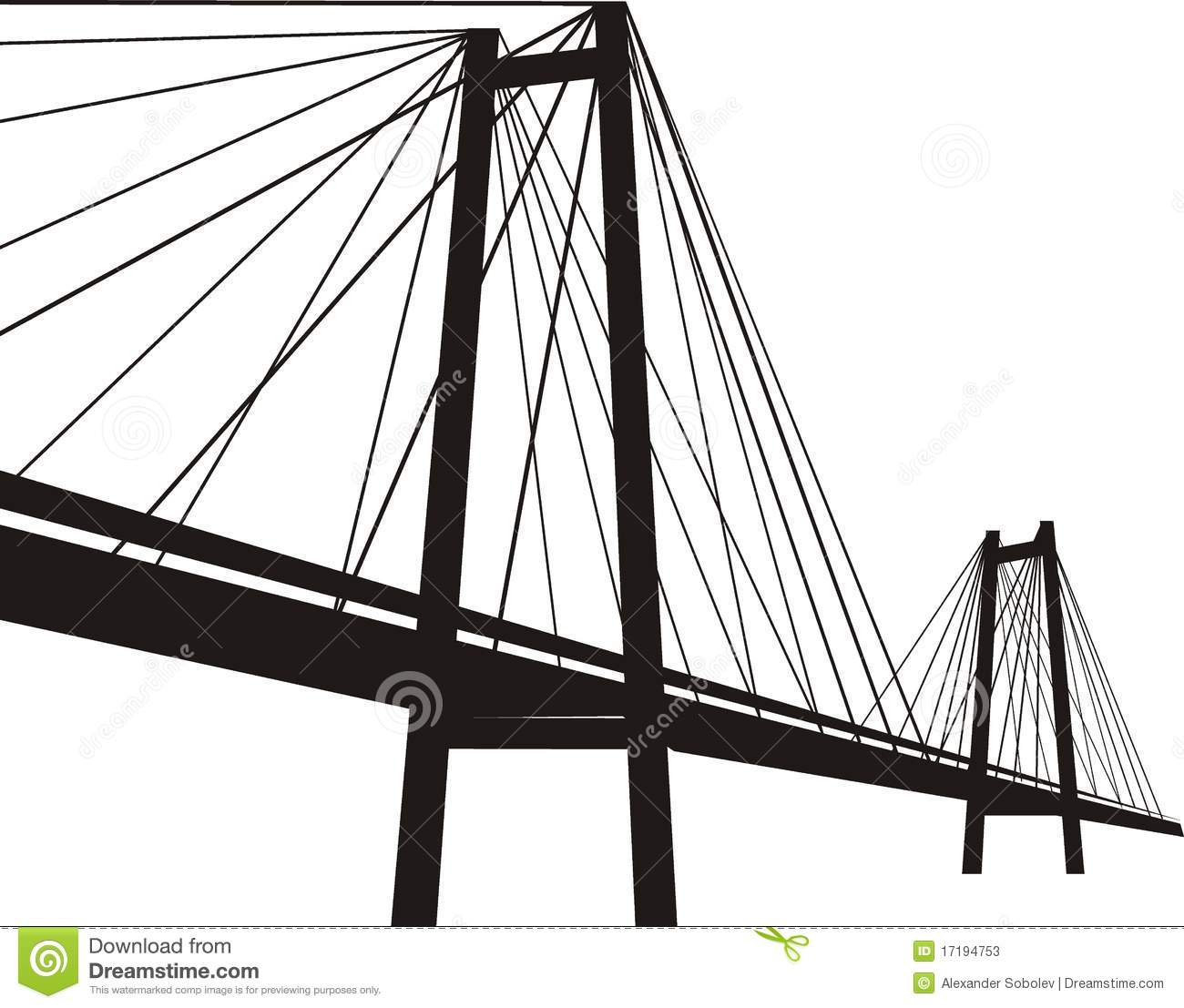 Cable Stayed Suspension Bridge   Black Silhouette Vector Isolated