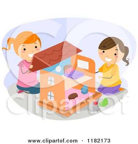 Of Happy Girls Playing With A Doll House   Royalty Free Vector Clipart
