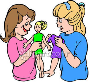 Two Young Girls Playing With Dolls   Royalty Free Clipart Picture