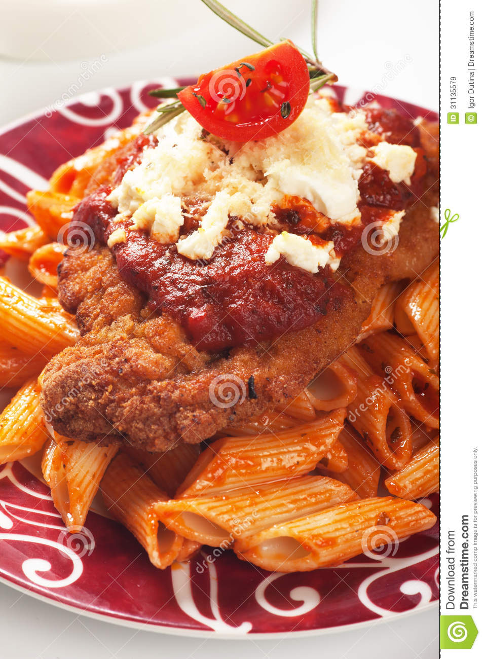 Chicken Parmesan Breaded Chicken Steak With Tomato Sauce And Macaroni