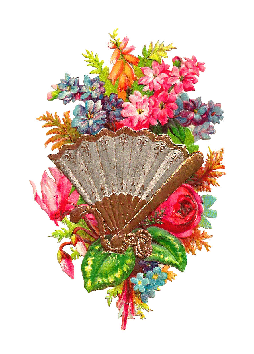 Images  Free Flower Clip Art  Victorian Scrap Of Gold Fan With Flowers
