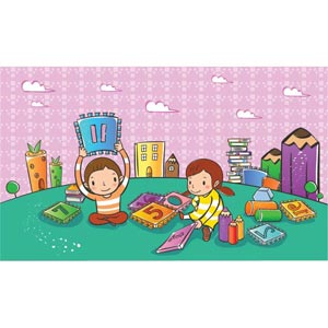 Children Playing With Play Cards In Park Vector Kids Illustration