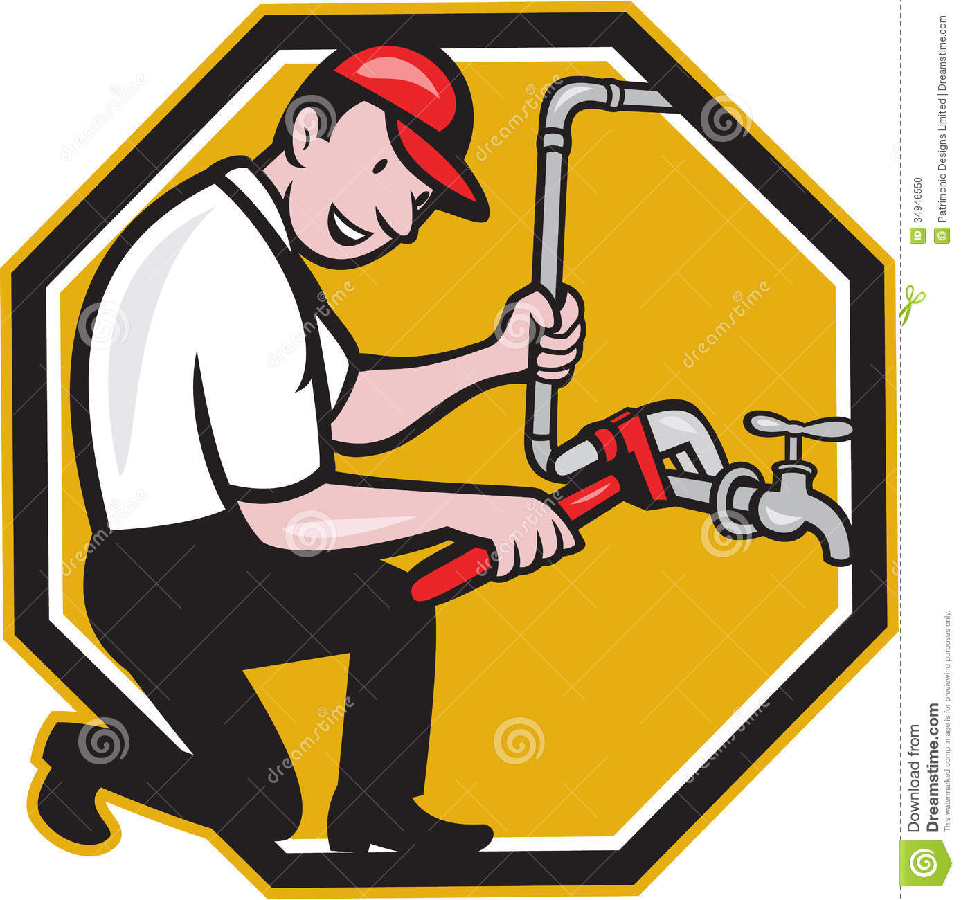 Illustration Of A Plumber With Monkey Wrench Repairing Faucet Tap Pipe