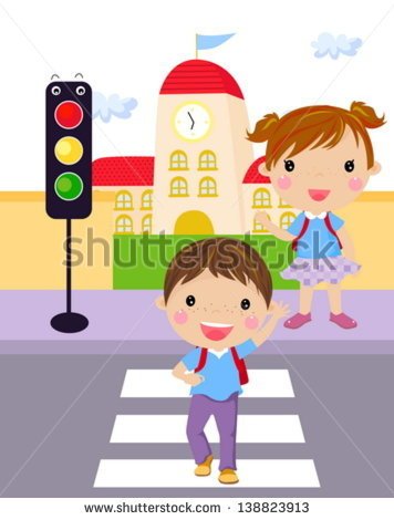 Two Children Use A Cross Walk To Cross The Street    Stock Vector
