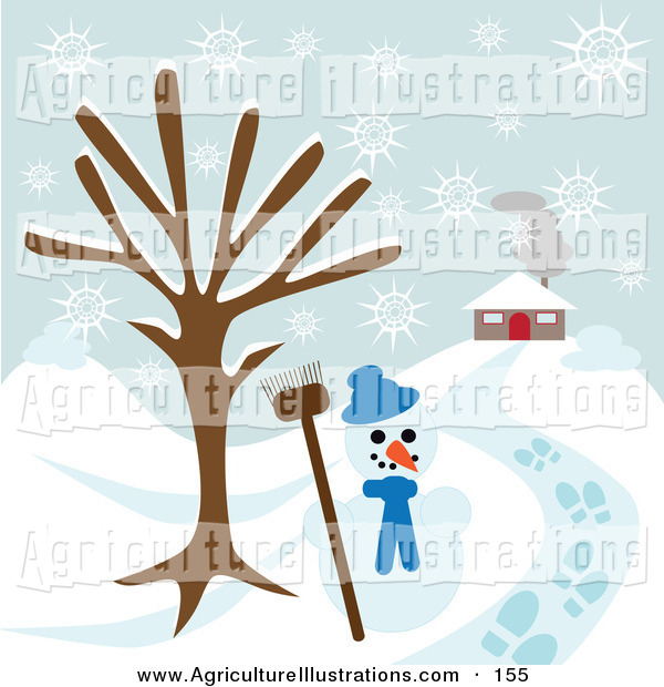 Clipart Of A Happy Snowman Under A Bare Tree Near A Home On A Snowy