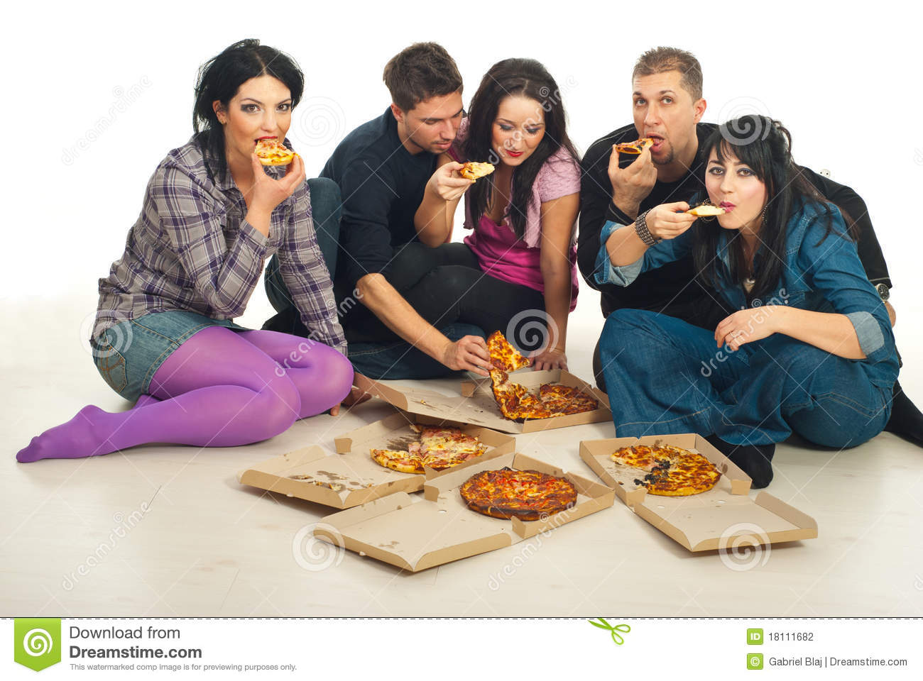 Group Of Five Friends Eating Delivery Pizza And Sitting Together On