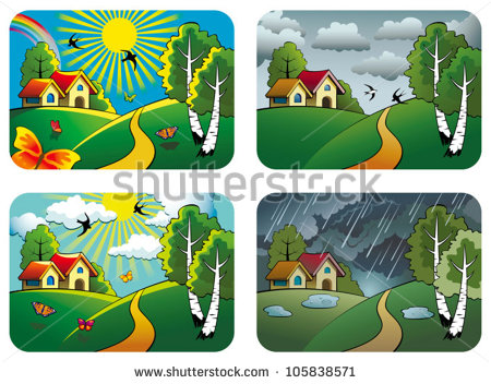 Set Of Different Weather Landscapes  Sunny Cloudy Overcast And Rainy