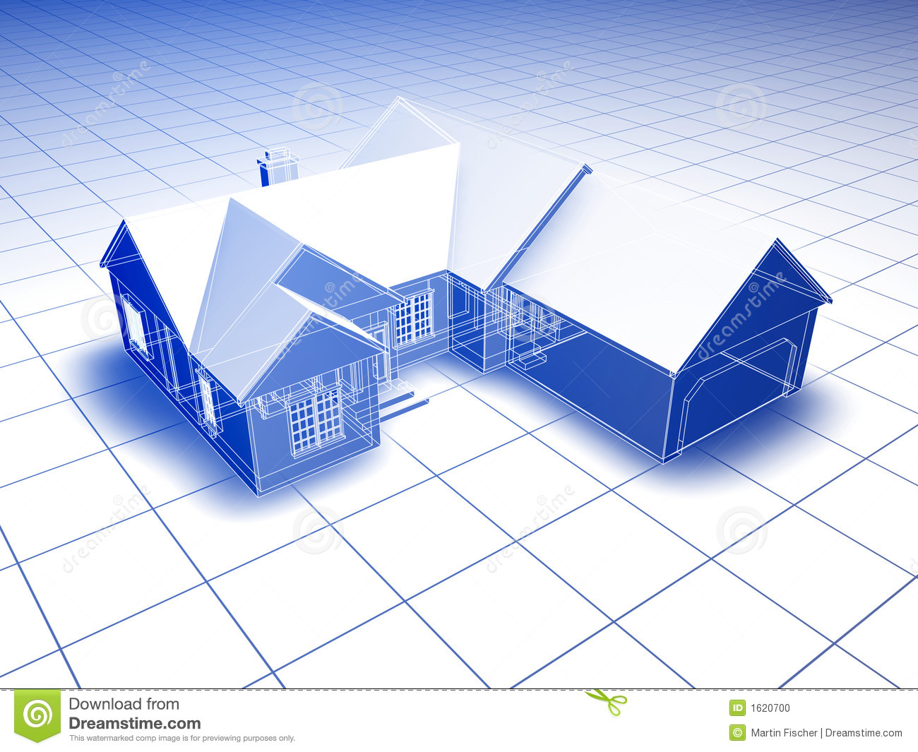 Blueprint Style 3d Rendered House  Blue On White Background
