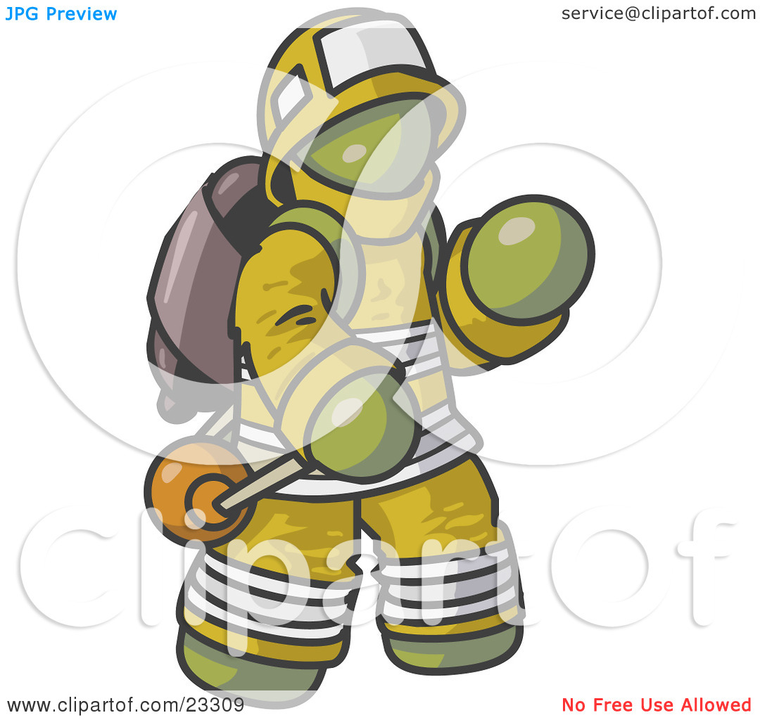 Clipart Illustration Of An Olive Green Fireman In A Uniform Fighting