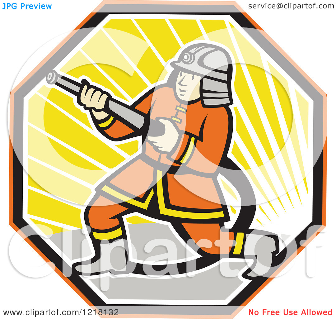 Clipart Of A Cartoon Japanese Fireman With A Hose In A Hexagon Of