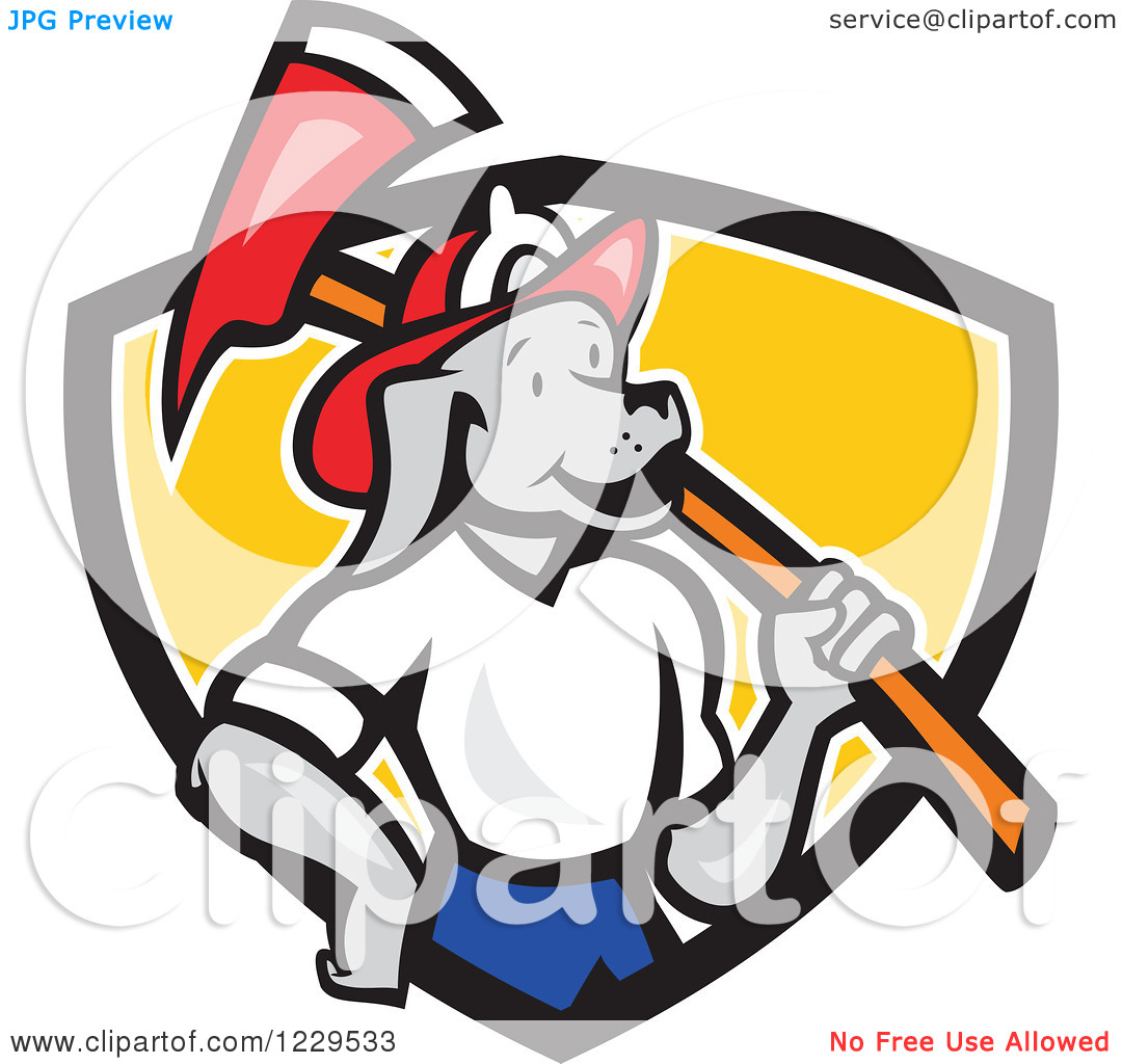 Clipart Of A Dog Fireman With An Axe On His Shoulder In A Shield
