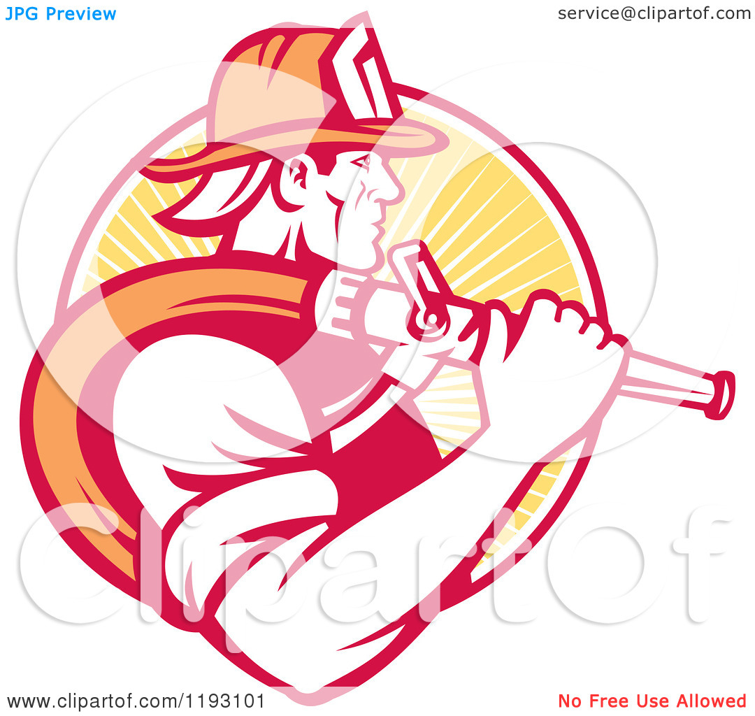 Clipart Of A Retro Fireman In Profile Carrying A Hose Over His