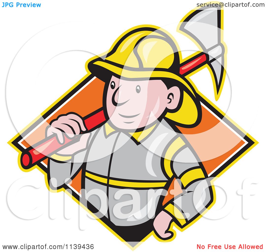 Clipart Of A Retro Fireman With An Axe Over A Diamond   Royalty Free