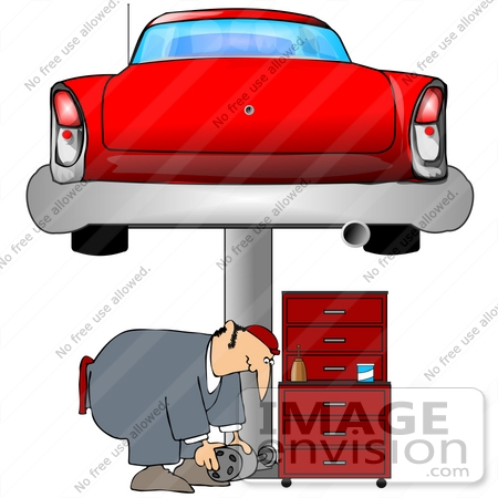 41349 Clip Art Graphic Of A Man Bending Over While Working Under A Car