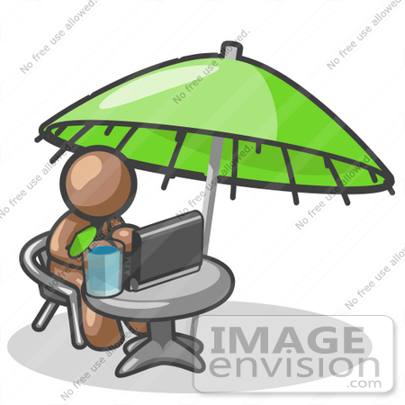 Clip Art Graphic Of A Brown Guy Character Working Under An Umbrella