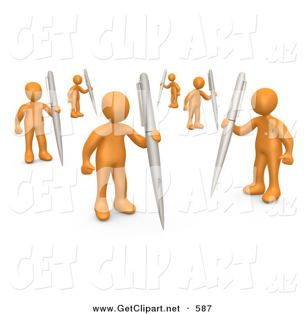 3d Clip Art Of A Group Of Many Orange People Holding Their Own Pens As