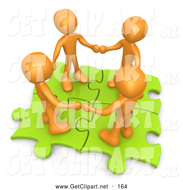 Clip Art Of A 3d Orange People Holding Hands On Green Puzzle Pieces By