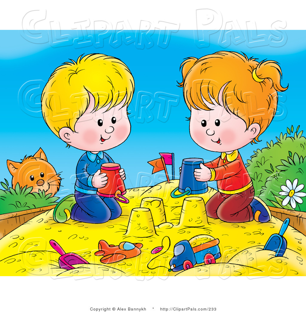 Pal Clipart Of A Curious Orange Cat Watching A Boy And Girl Making
