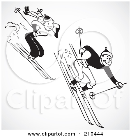 Clipart Illustration Of A Retro Black And White Woman Skiing Downhill