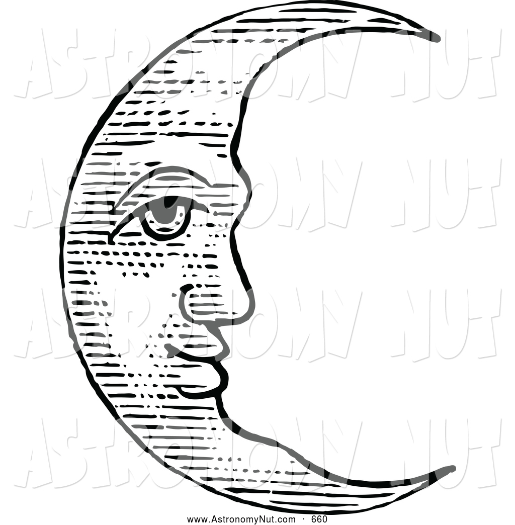 Clipart Of A Vintage Black And White Crescent Moon Calm Sleepy Face By