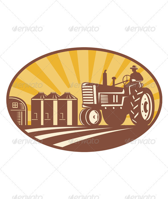 Illustration Of A Farmer Driving A Vintage Farm Tractor With Barn And