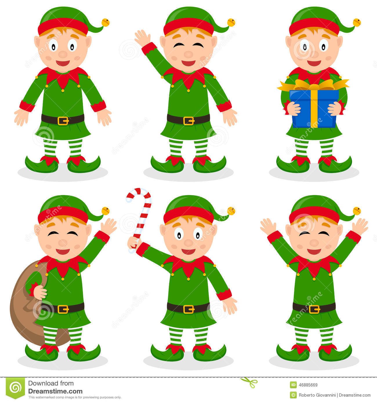 Collection Of Six Funny Cartoon Christmas Elves Character In Different
