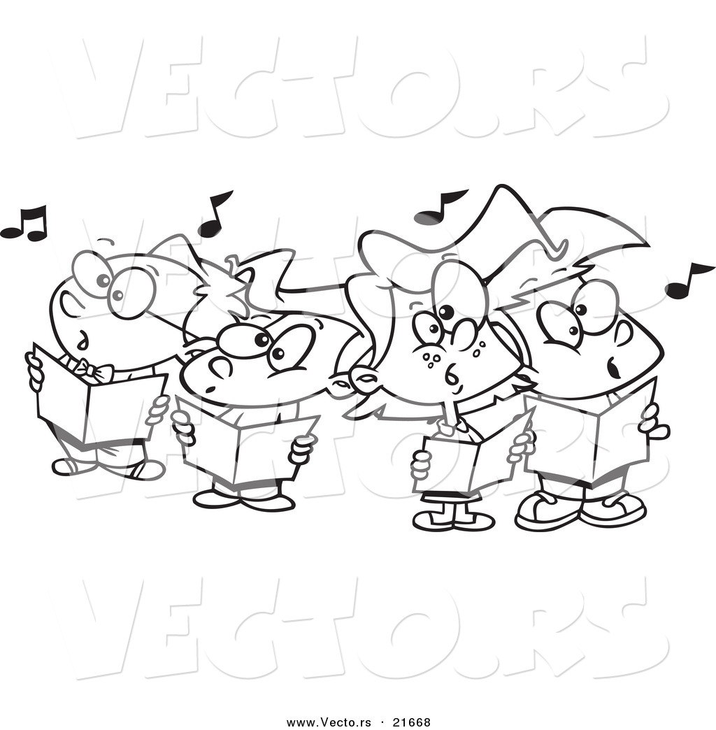 Vector Of A Cartoon Choir Kids Singing   Outlined Coloring Page By Ron