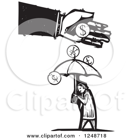 Black And White Woodcut Hand Dropping Currency Coins Over A