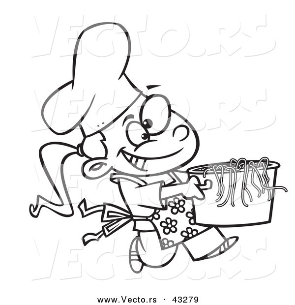 Cartoon Girl Chef Carrying A Pot Of Pasta   Coloring Page Outline