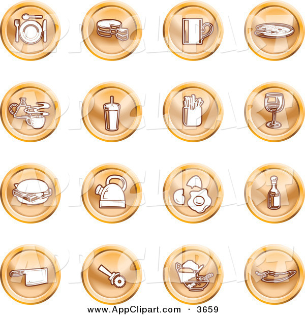 Clip Art Of A Collection Of 16 Orange Icons Of Food And Kitchen Items