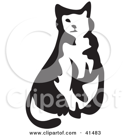 Clipart Illustration Of A Black And White Brush Stroke Sitting Cat By