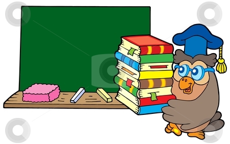 Cutcaster Photo 100361855 Owl Teacher With Books And Blackboard Jpg