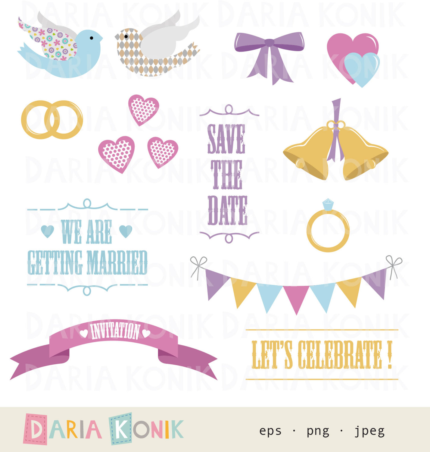 Wedding Day Clip Art Set Save The Date Hearts Bells Rings Doves
