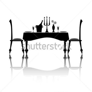 Silhouette Of A Romantic Table Setting For Two  Black And White With