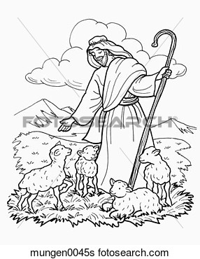 Stock Illustration Of Shepherd With Sheep In Black And White