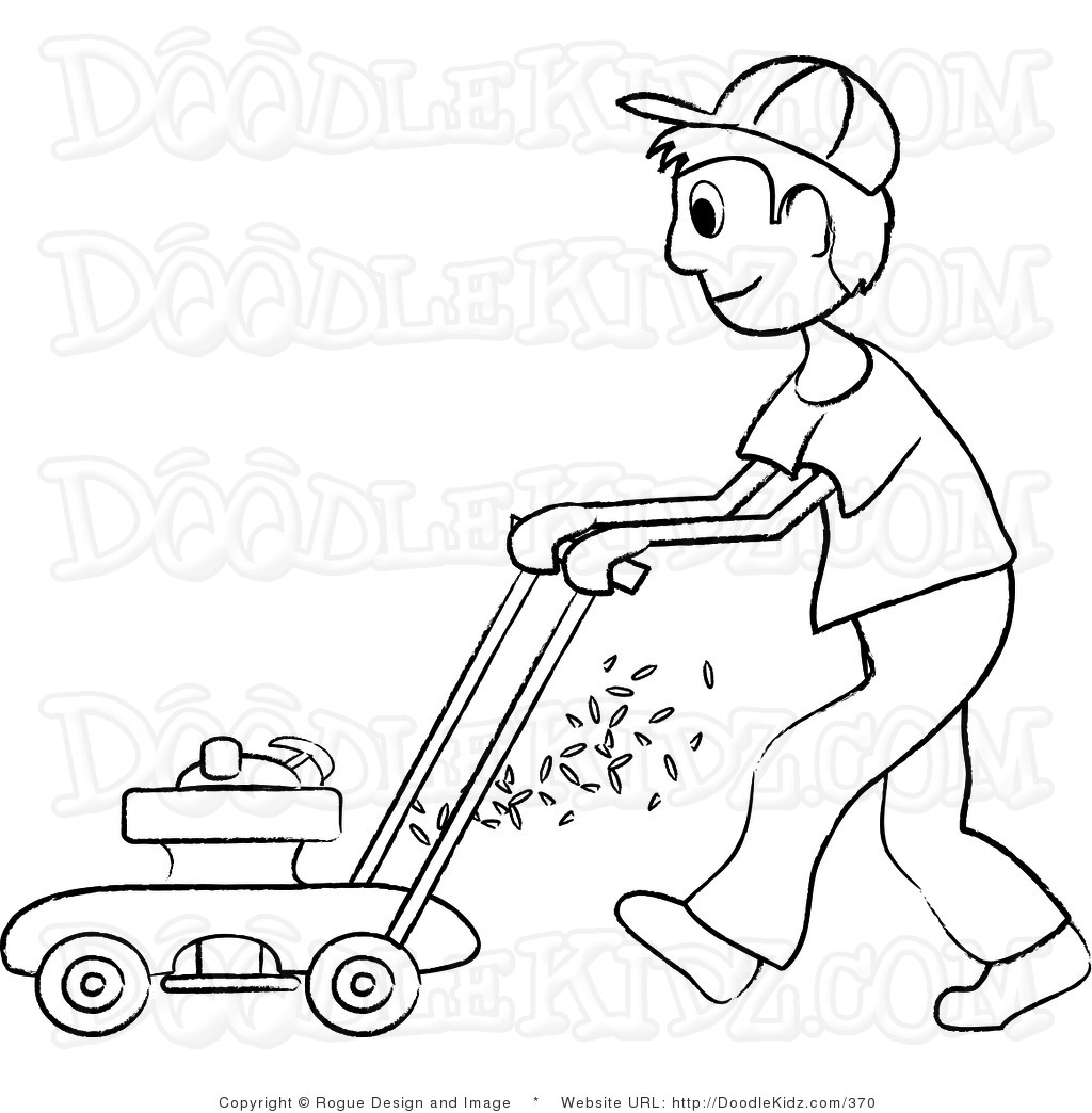 Art Illustration Of A Teenage Boy Mowing The Lawn In Black And