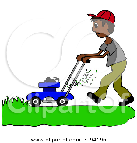 Free  Rf  Clipart Illustration Of A Silhouetted Boy Mowing A Lawn