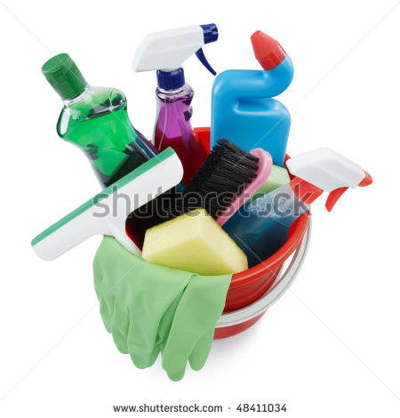 Variety Of Cleaning Products In A Bucket Stock Photo 48411034