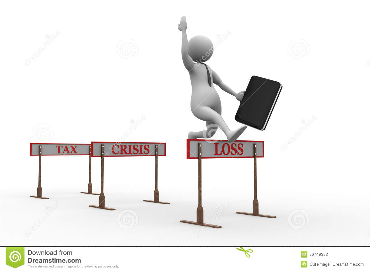 3d Man Jumping Over A Hurdle Obstacle Titled Tax Crisis Loss Stock