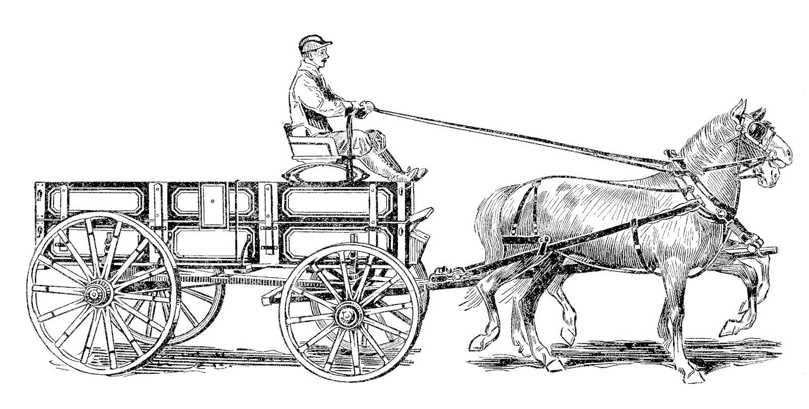 Vintage Graphic Of Horse And Wagon  Black And White Illustration