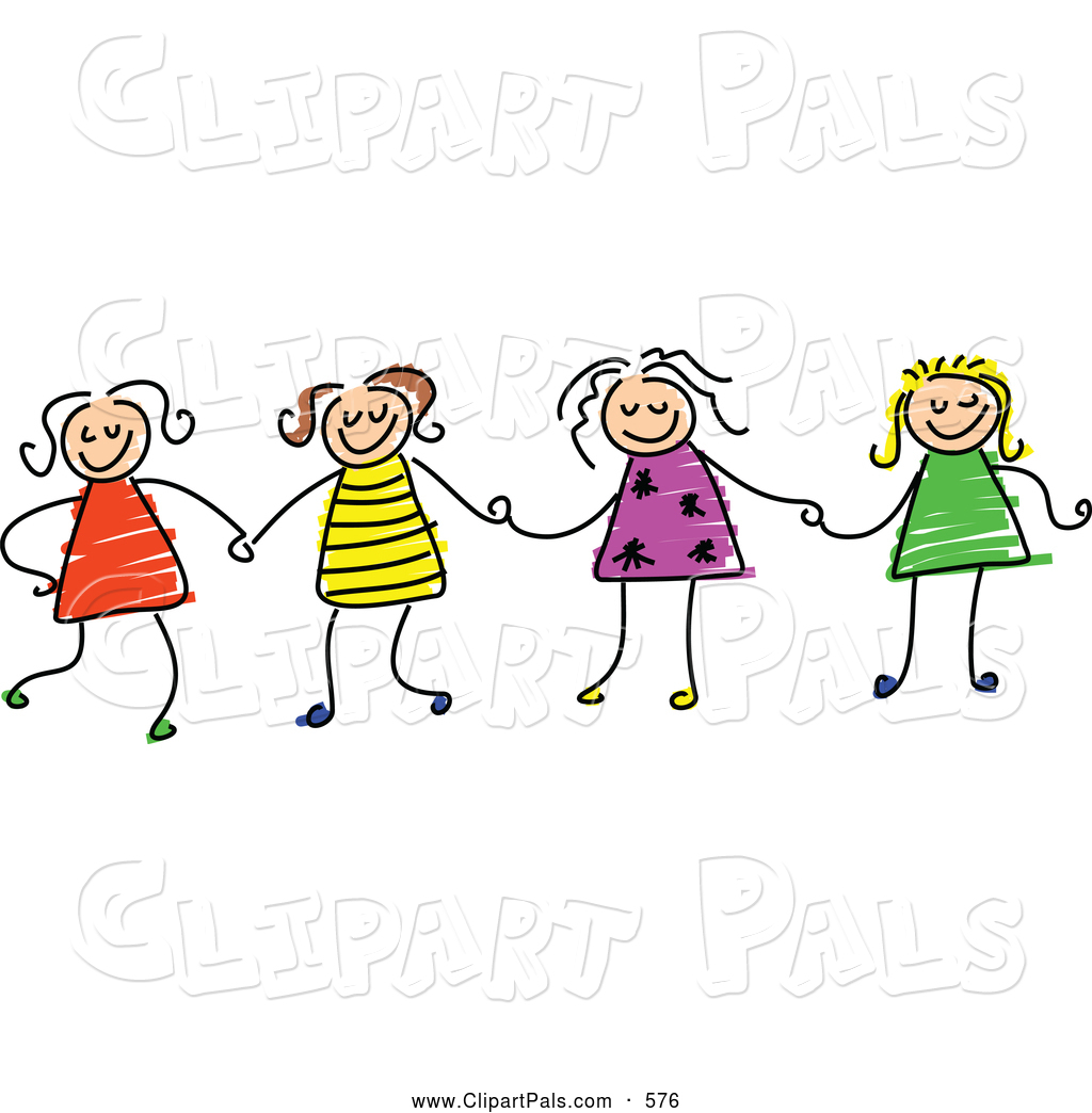 Clipart Of A Cheerful Childs Sketch Of Four Girls Holding Hands By
